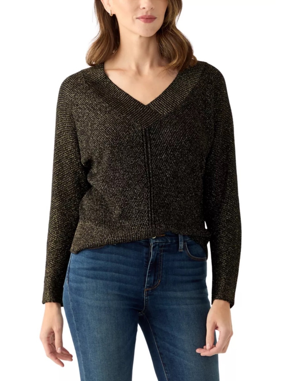 Philosophy - Black and Gold Women's V-Neck Ribbed Lurex Sweater